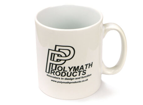White ceramic mug with the Polymath Products logo in black print, with the tagline 'Innovators in design and function', and website address www.polymathproducts.co.uk