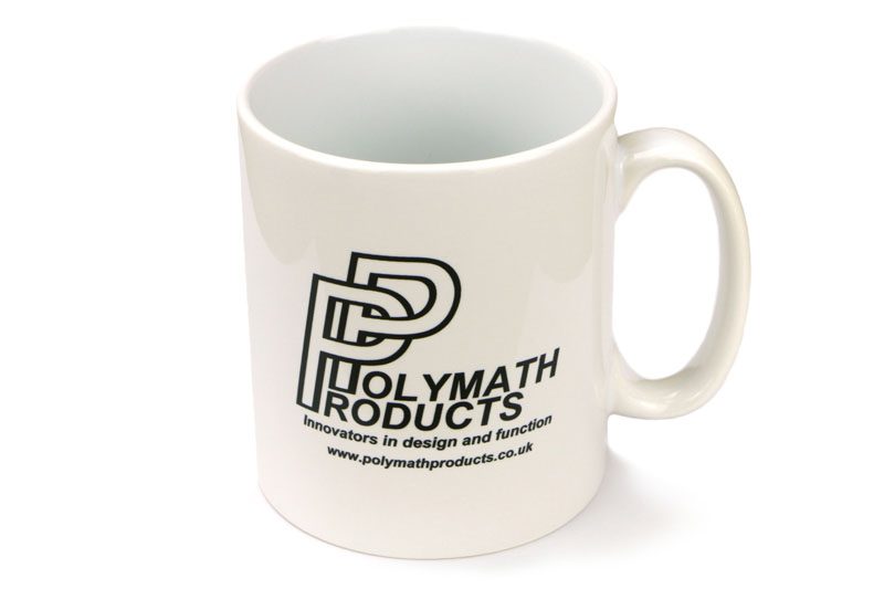 White ceramic mug with the Polymath Products logo in black print, with the tagline 'Innovators in design and function', and website address www.polymathproducts.co.uk