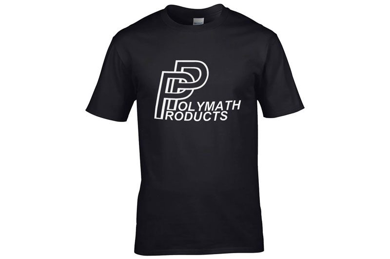 Black cotton T-shirt with the Polymath Products logo in white. T-shirt is on a plain white background.
