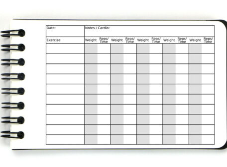 The layout of the Pocket Gym Diary workout pages, with boxes for date, exercise, weight, reps / time and notes / cardio.