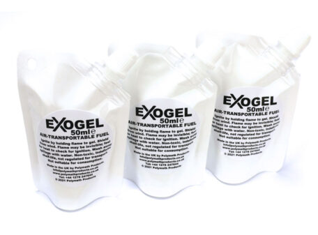 Three 50ml pouches of Exogel Camping Stove Gel Fuel, stood up on a plain white background.