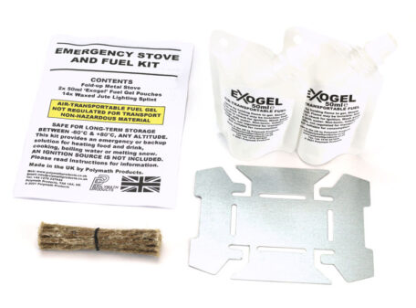 The Emergency Stove and Fuel Kit, comprised of fold-flat galvanised steel stove, two 50ml pouches of Exogel Camping Stove Gel Fuel, and a bundle of waxed jute, with the instruction leaflet, all laid out on a plain white background.
