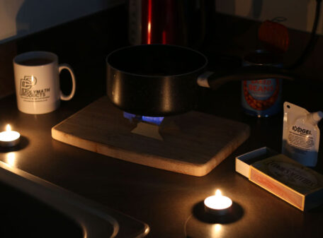 The Emergency Stove being used at home in a power cut to heat some baked beans with the Exogel Gel Fuel.