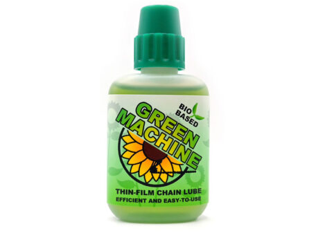 The Green Machine thin-film chain lube bottle, on a plain white background.