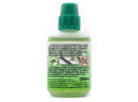 The rear of the Green Machine thin-film chain lube bottle, on a plain white background.