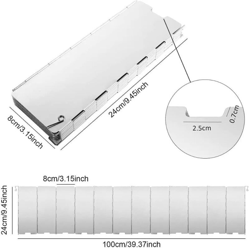 The Camping Stove Windshield shown both folded up and opened out fully, with dimensions shown.