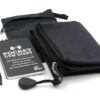 Zip pouch, microfibre towel with magnet attachment, Pocket Gym Diary and pen, laid out on a plain white background.