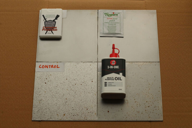 A comparison test on a steel plate showing how effective Steel Shield Corrosion Protection is, alongside Napier VP90 gun oil, and 3-in-one multi-purpose oil.