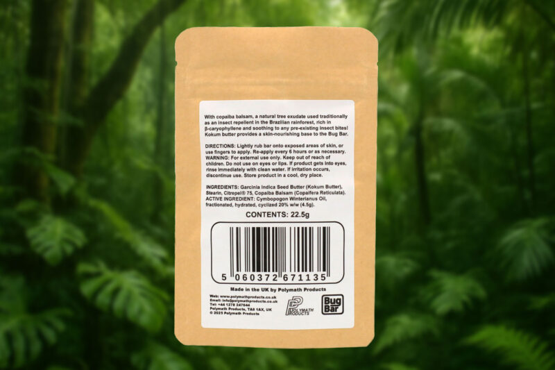 Rear of the Bug Bar packaging, showing the natural plant-derived ingredients and Citrepel active ingredient, on a tropical jungle background.