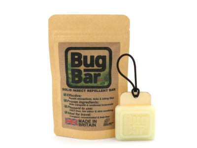 Bug Bar Solid Insect Repellent Bar, next to its storage pouch, on a plain white background.