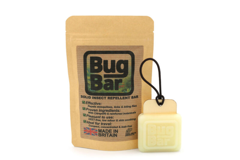 Bug Bar Solid Insect Repellent Bar, next to its storage pouch, on a plain white background.