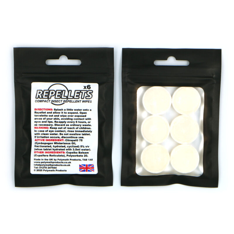 Repellets Compact Insect Repellent Wipes, in their packaging, on a plain white background.