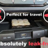 Repellets Compact Insect Repellent Wipes in their packaging, placed in a small cubby hole on a car dashboard, and captions and infographics stating they are leak-free and perfect for travel.