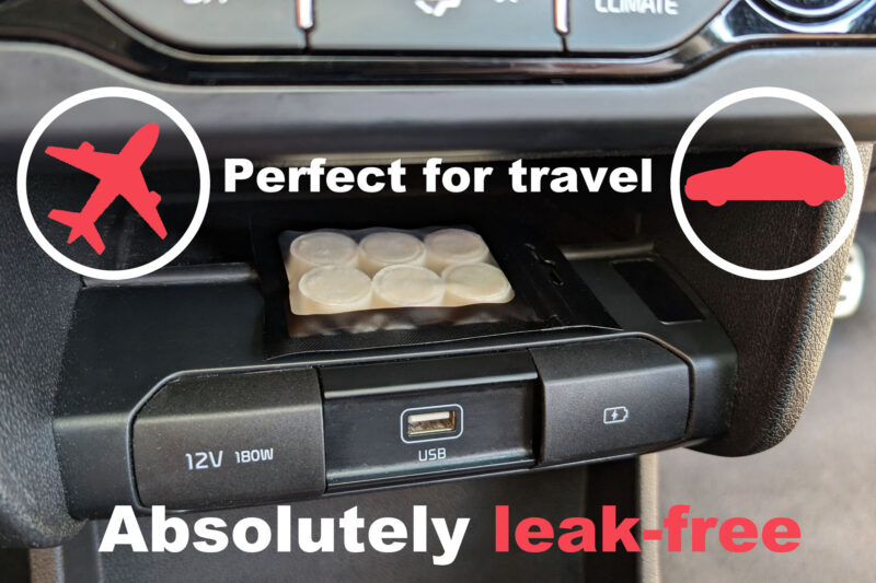 Repellets Compact Insect Repellent Wipes in their packaging, placed in a small cubby hole on a car dashboard, and captions and infographics stating they are leak-free and perfect for travel.