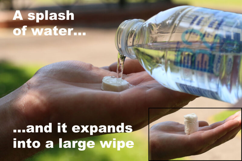 A composite photo showing how Repellets Compact Insect Repellent Wipes expand with a splash of water from a small tablet size to a large wipe.