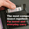 Repellets Compact Insect Repellent Wipes in their packaging, inserted into a wallet, with captions mentioning its compact size and suitability for travel and everyday carry.