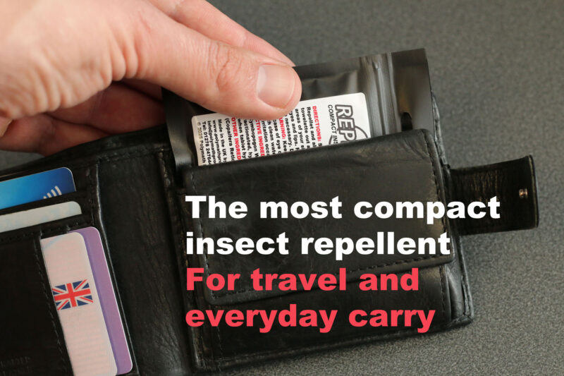 Repellets Compact Insect Repellent Wipes in their packaging, inserted into a wallet, with captions mentioning its compact size and suitability for travel and everyday carry.