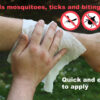 A Repellet Compact Insect Repellent Wipe being applied to the skin, with captions advising that it is quick and easy to apply, and repels mosquitoes, ticks & biting flies.