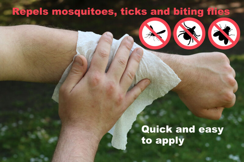 A Repellet Compact Insect Repellent Wipe being applied to the skin, with captions advising that it is quick and easy to apply, and repels mosquitoes, ticks & biting flies.