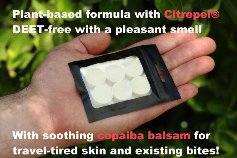 Repellets Compact Insect Repellent Wipes in their packaging, held in the palm of a hand, with captions mentioning the DEET-free plant-based formula and skin soothing properties.