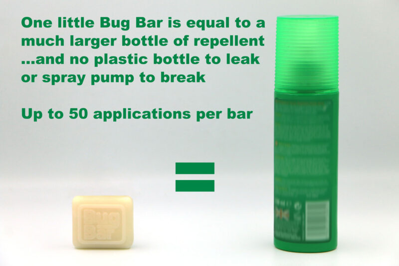 Bug Bar Solid Insect Repellent Bar next to a conventional aerosol spray bottle equivalent.