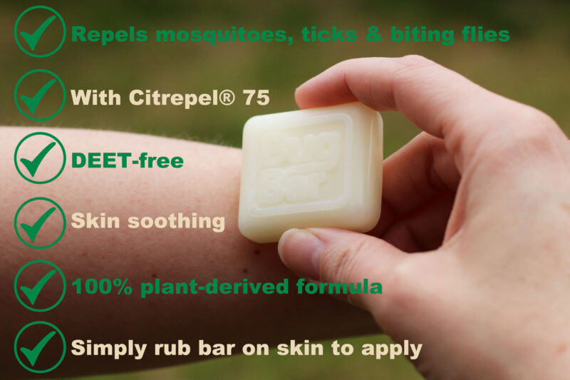 Bug Bar Solid Insect Repellent Bar being applied to the skin, with captions advising that it is DEET-free and repels mosquitoes, ticks & biting flies.