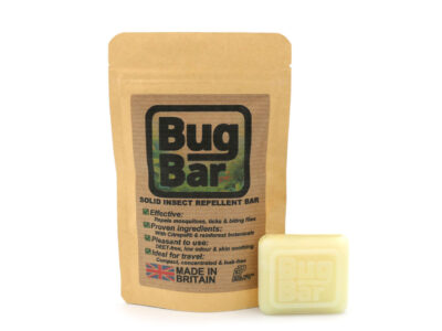 Bug Bar Solid Insect Repellent Bar, next to its storage pouch, on a plain white background.
