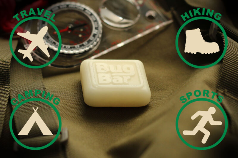 Bug Bar Solid Insect Repellent Bar placed on an outdoor rucksack, with infographics of travel, hiking, camping and sports.