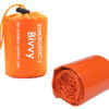 The Emergency Foil Bivvy Bag rolled up next to its storage bag on a plain white background.