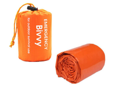 The Emergency Foil Bivvy Bag rolled up next to its storage bag on a plain white background.